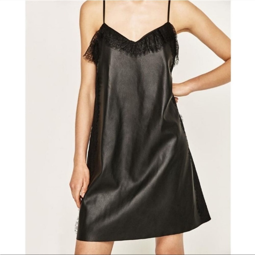 Zara Black Faux Leather Slip Dress w/ Lace Detail Size XS Goth Whimsigoth